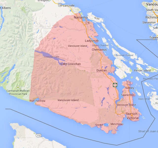 Areas Served - Nanaimo to Sooke & Sidney